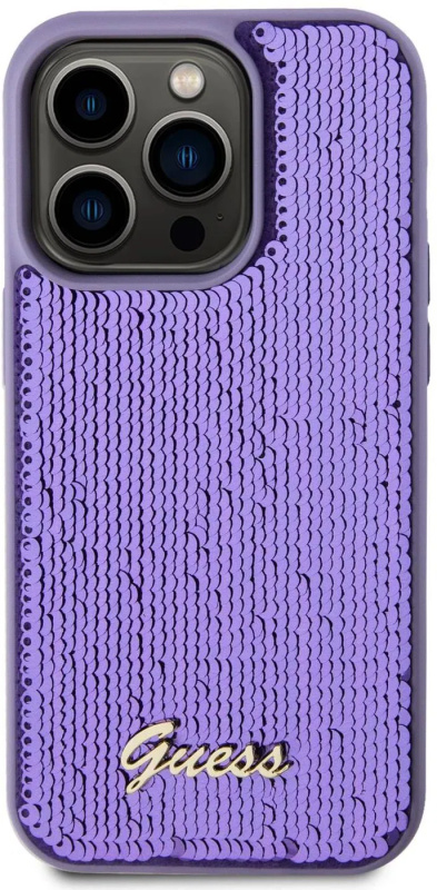 Guess Ochranný kryt na iPhone 14 Pro - Guess, Sequin Script Logo Purple