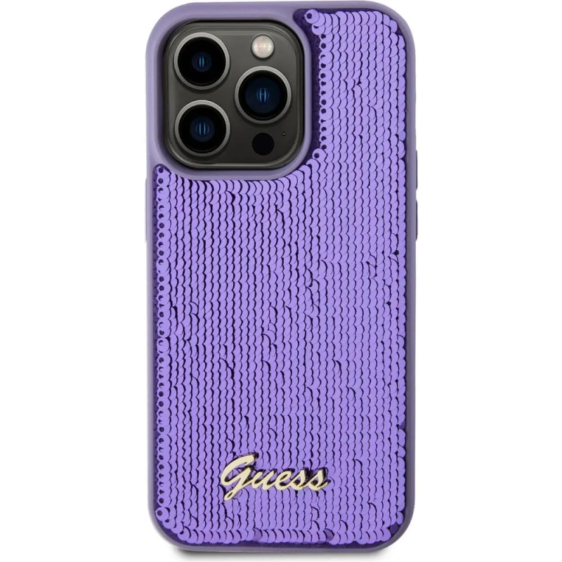 Guess Sequin Script Logo kryt iPhone 15 Pro fialový