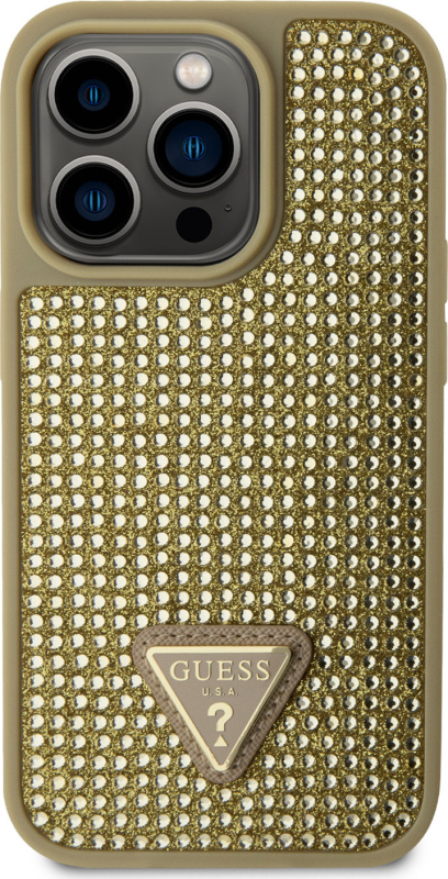 Guess Rhinestones Triangle Metal Logo Kryt pro iPhone 15 Pro zlatý
