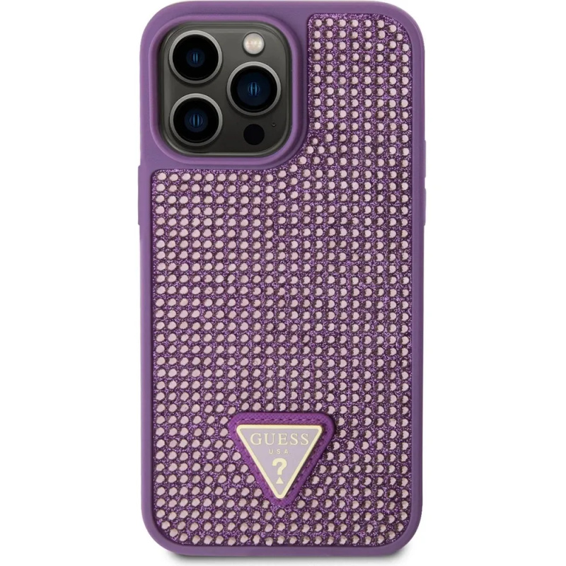 Guess Rhinestones Triangle Metal Logo Kryt pro iPhone 15 Pro fialový