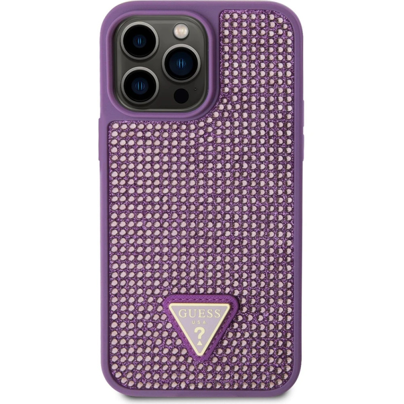 Guess Rhinestones Triangle Metal Logo Kryt pro iPhone 15 Pro Max fialový