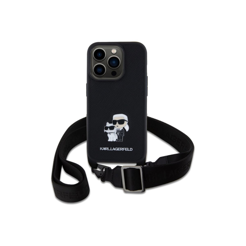 Pouzdro Karl Lagerfeld Saffiano Crossbody Metal Karl and Choupette iPhone 15 černé