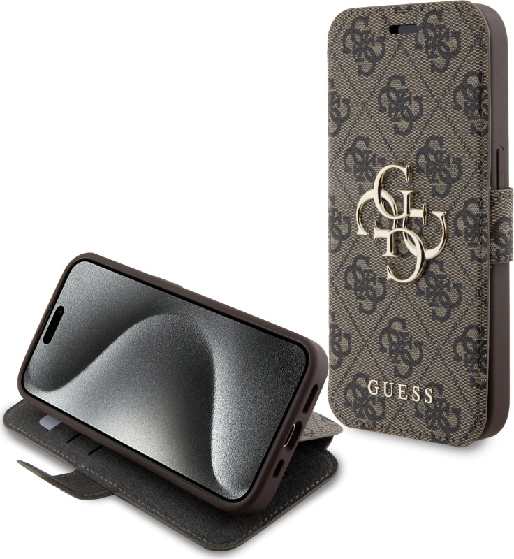 Guess PU 4G Metal Logo Book pouzdro iPhone 15 Pro Max hnědé