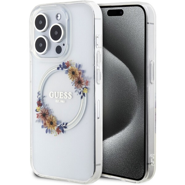 Guess PC/TPU Flowers Ring Glossy Logo MagSafe kryt iPhone 15 Pro Max čirý