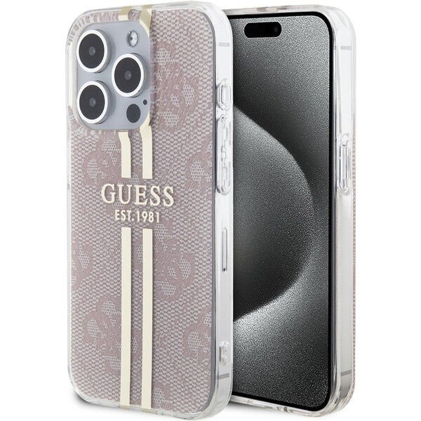 Guess IML 4G Gold Stripe kryt iPhone 15 Pro růžový
