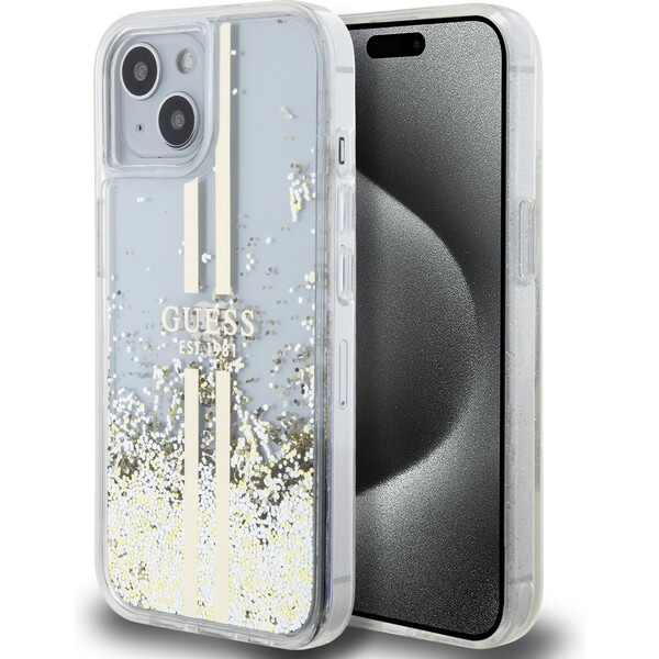 Guess PC/TPU Liquid Glitter Gold Stripe kryt iPhone 15 čirý