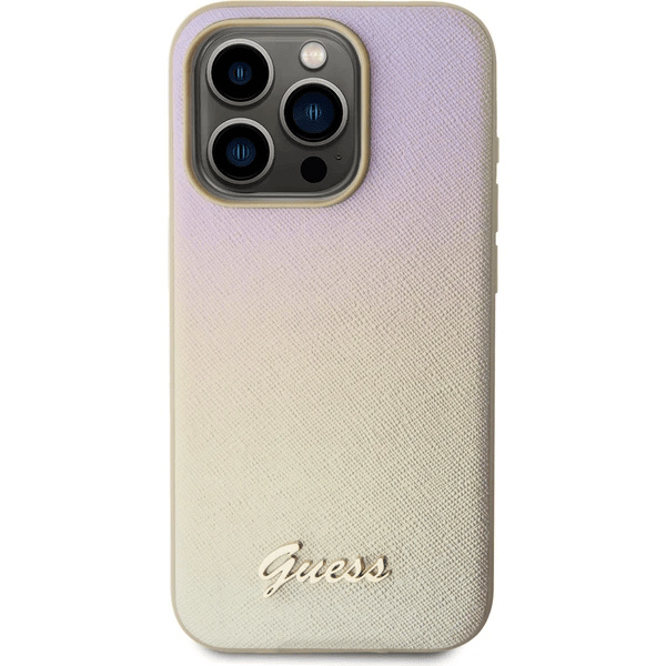Guess PU Leather Iridescent Metal Script kryt pro iPhone 15 Pro - Zlatá
