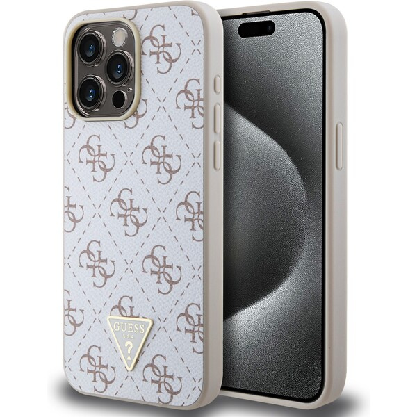 Guess PU Leather 4G Triangle Metal Logo kryt iPhone 15 Pro Max bílý