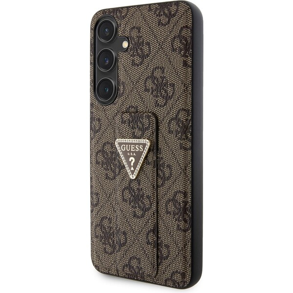 Guess PU Grip Stand 4G Strass Triangle Metal Logo kryt Samsung Galaxy S24+ hnědý