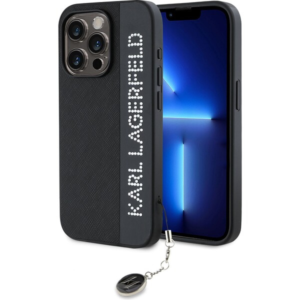 Karl Lagerfeld PU Saffiano Rhinestone Charm zadní kryt iPhone 15 Pro černý