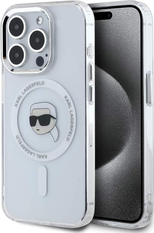 Karl Lagerfeld IML Karl Head Metal Frame MagSafe zadní kryt pro iPhone 15 Pro čirý