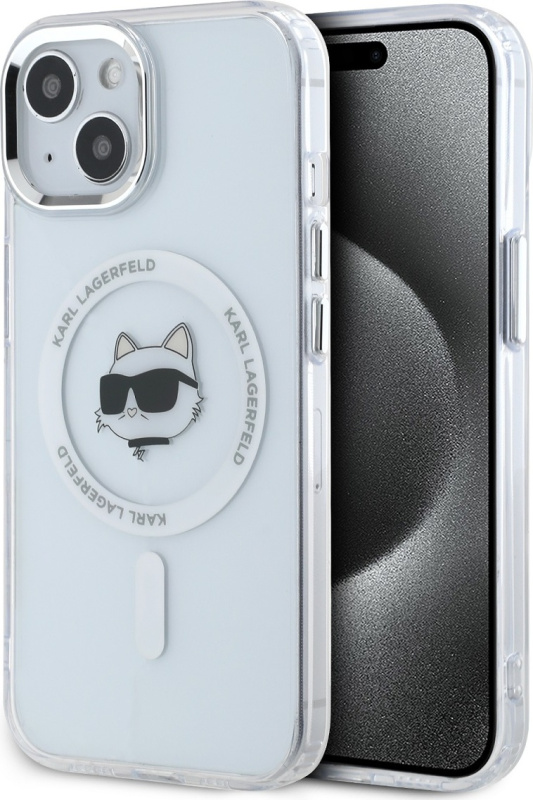 Karl Lagerfeld IML Choupette Head Metal Frame MagSafe zadní kryt iPhone 15 čirý