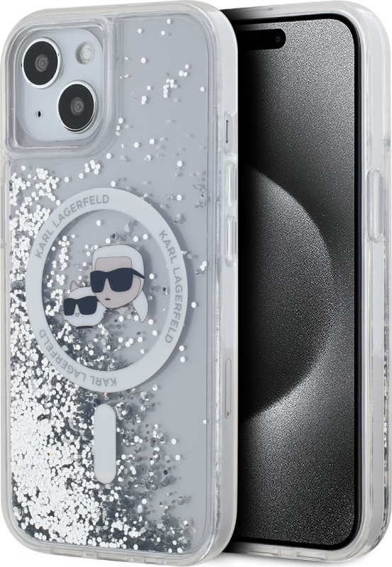 Karl Lagerfeld Liquid Glitter Karl and Choupette Heads MagSafe zadní kryt iPhone 15 čirý