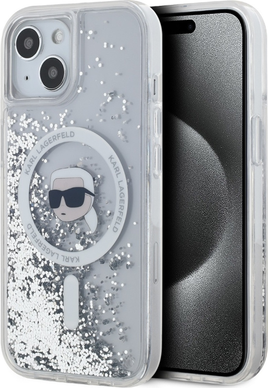 Karl Lagerfeld Liquid Glitter Karl Head Magsafe zadní kryt iPhone 15 čirý