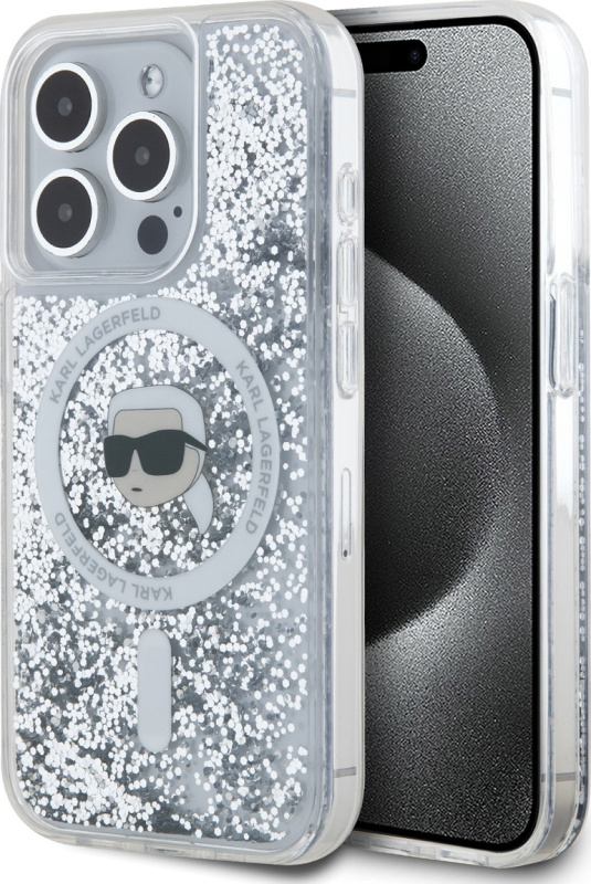 Karl Lagerfeld Liquid Glitter Karl Head MagSafe zadní kryt pro iPhone 15 Pro čirý