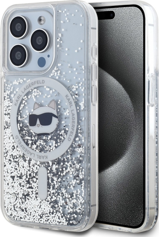 Karl Lagerfeld Ochranný kryt na iPhone 15 Pro - Karl Lagerfeld, Liquid Glitter Choupette Head MagSafe Transparent
