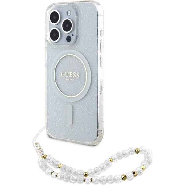 Guess IML Glitter Pearl Strap MagSafe kryt iPhone 15 Pro Max čirý