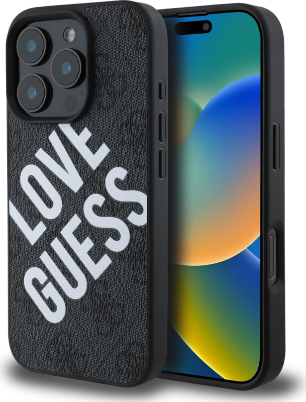 Guess PU Leather 4G Big Love Logo MagSafe kryt iPhone 16 Pro černý