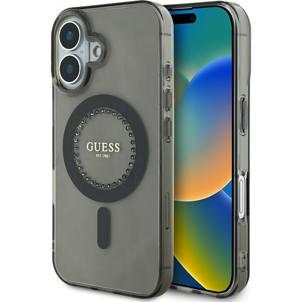 Guess IML Rhinestones Ring MagSafe kryt pro iPhone 16 černý