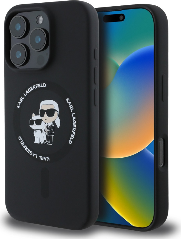 Karl Lagerfeld Liquid Silicone Karl and Choupette MagSafe kryt iPhone 16 Pro černý