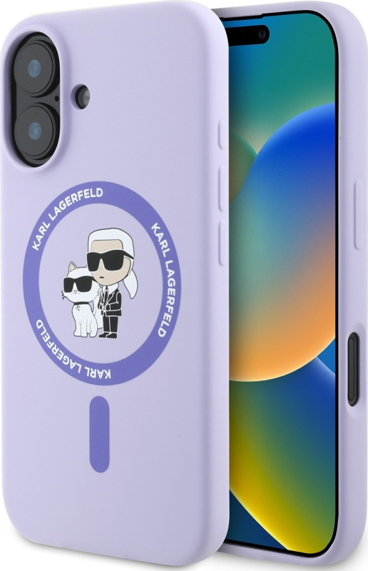 Karl Lagerfeld Liquid Silicone Karl and Choupette MagSafe kryt iPhone 16 fialový