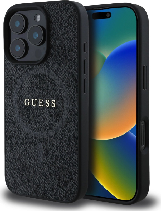 Guess PU Leather 4G Colored Ring MagSafe kryt iPhone 16 Pro Max černý
