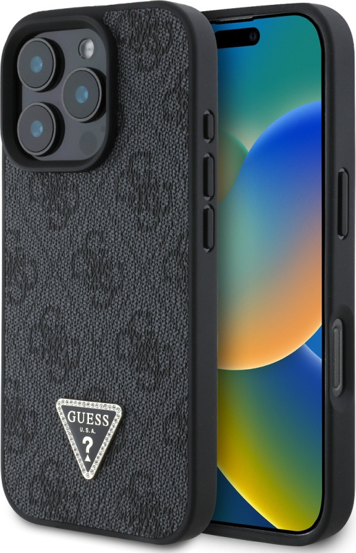 Guess PU 4G Strass Triangle Metal Logo kryt pro iPhone 16 Pro Max černý
