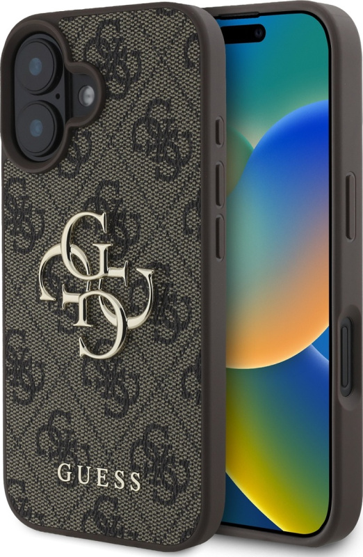 Guess PU 4G Metal Logo kryt pro iPhone 16 hnědý