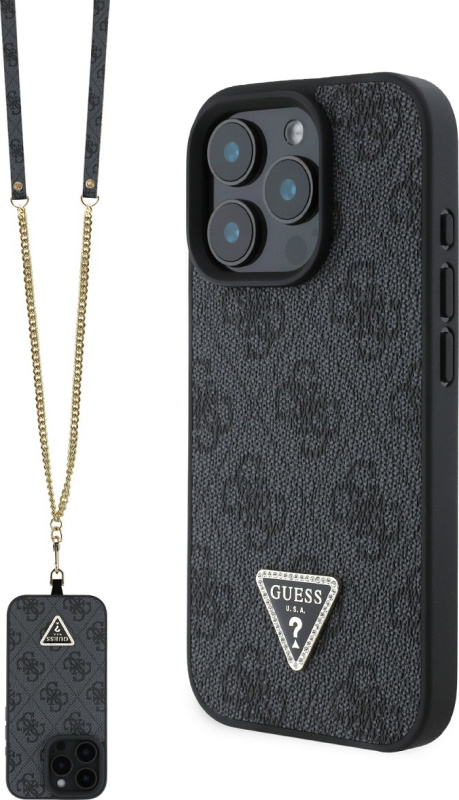 Guess PU 4G Strass Triangle Metal Logo kryt + Crossbody Popruh pro iPhone 16 Pro Max černý