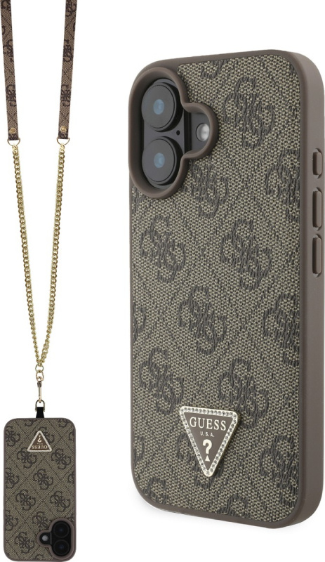 Guess PU 4G Strass Triangle Metal Logo kryt + Crossbody Popruh pro iPhone 16 hnědý