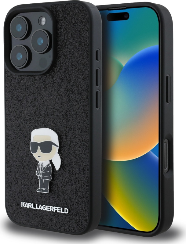 Karl Lagerfeld Fixed Glitter Metal Ikonik kryt pro iPhone 16 Pro černý
