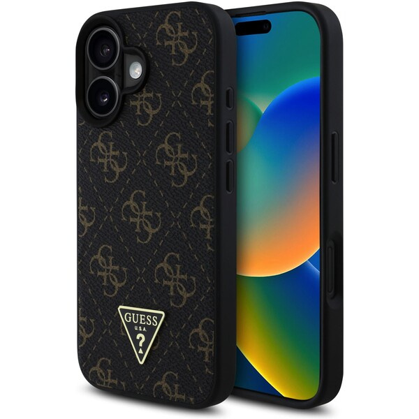 Guess PU Leather 4G Triangle Metal Logo kryt pro iPhone 16 černý