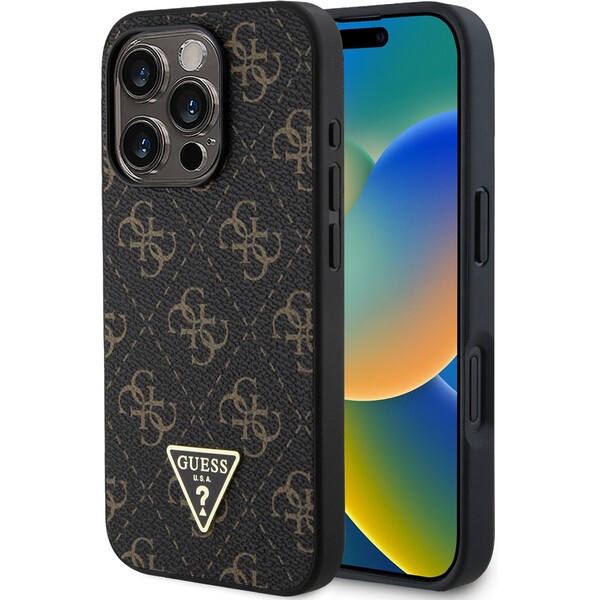 Guess PU Leather 4G Triangle Metal Logo kryt pro iPhone 16 Pro černý