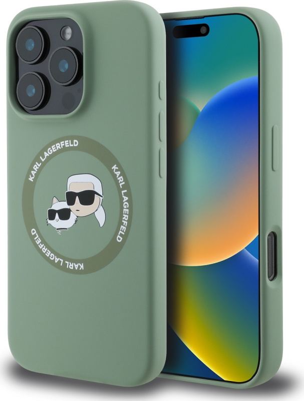 Karl Lagerfeld Liquid Silicone K&CH Heads MagSafe kryt iPhone 16 Pro zelený