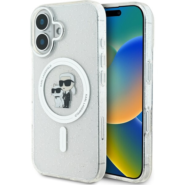 Karl Lagerfeld IML Glitter Karl and Choupette MagSafe kryt pro iPhone 16 čirý