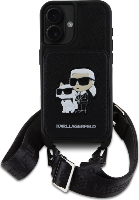 Karl Lagerfeld Saffiano Crossbody Popruh Karl and Choupette kryt pro iPhone 16 černý