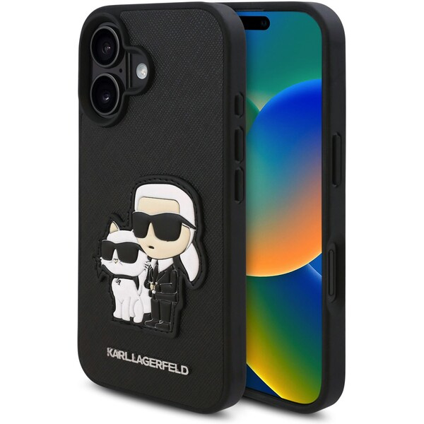 Karl Lagerfeld PU Saffiano Karl and Choupette kryt pro iPhone 16 černý