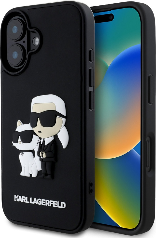 Karl Lagerfeld 3D Rubber Karl and Choupette kryt pro iPhone 16 Plus černý
