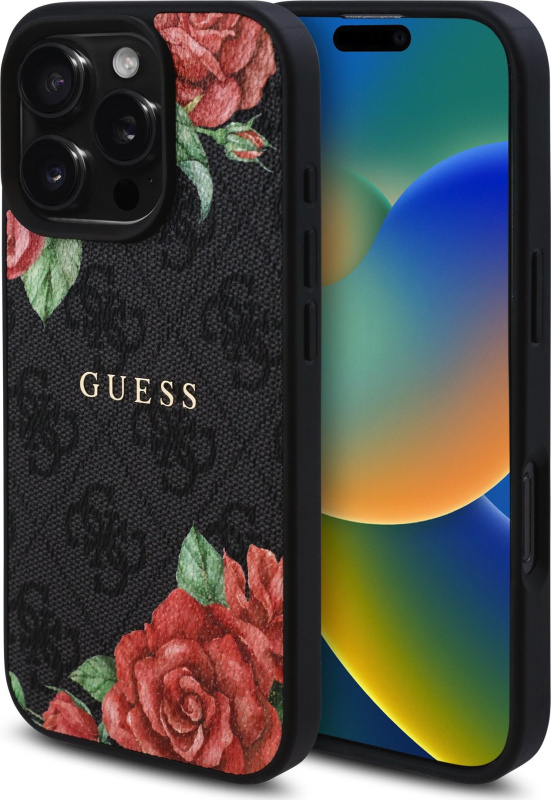 Guess PU Leather 4G Roses MagSafe kryt iPhone 16 Pro černý