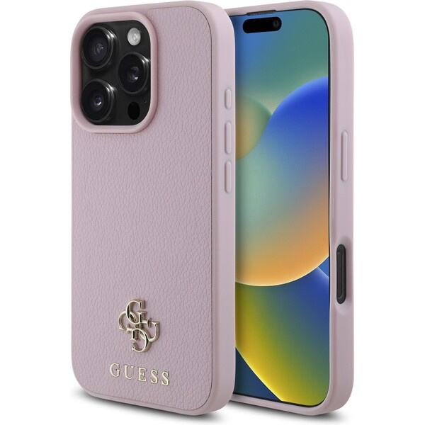 Guess PU Grained 4G Small Metal Logo MagSafe kryt iPhone 16 Pro růžový