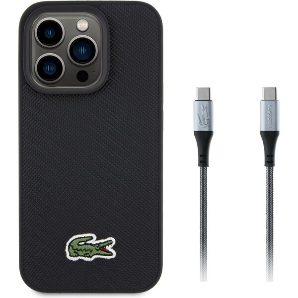 Lacoste Iconic Petit Pique Woven Logo MagSafe kryt iPhone 15 Pro černý + USB-C/USB-C kabel