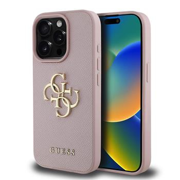 Guess PU Grained 4G Metal Logo kryt iPhone 15 Pro růžový