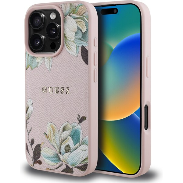 Guess PU Grained Magnolia MagSafe kryt iPhone 16 Pro růžový