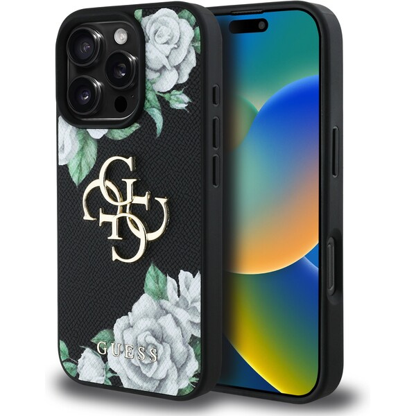 Guess PU Grained Roses 4G Metal Logo kryt iPhone 16 Pro černý