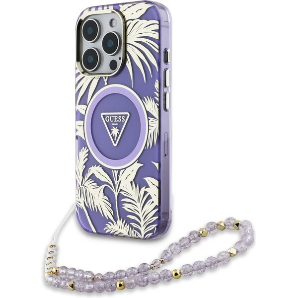 Guess IML Palm Trees Triangle Logo Pearl Strap MagSafe kryt iPhone 16 Pro fialový
