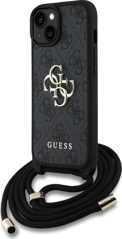 Guess PU 4G Metal Logo Crossbody popruh kryt iPhone 15 černý