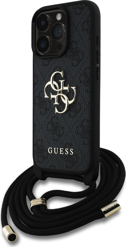 Guess PU 4G Metal Logo Crossbody popruh kryt iPhone 15 Pro černý