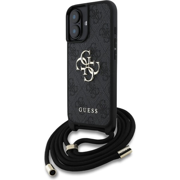 Guess PU 4G Metal Logo Crossbody popruh kryt iPhone 16 černý