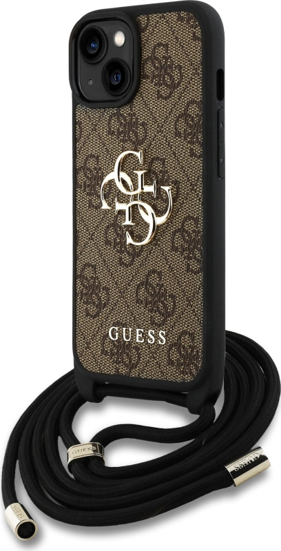 Guess PU 4G Metal Logo Crossbody popruh kryt iPhone 15 hnědý