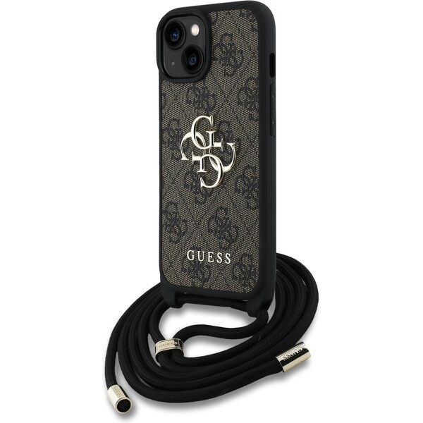 Guess PU 4G Metal Logo Crossbody popruh kryt iPhone 15 hnědý